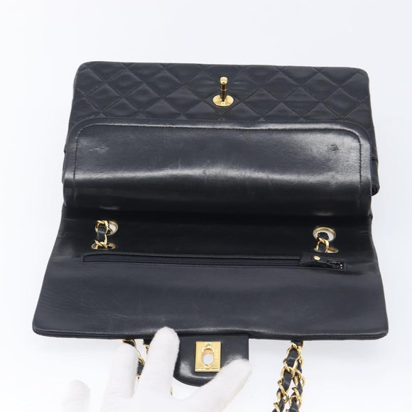 CHANEL Matelasse 25 Double Flap Chain Bag Lamb Skin Black Gold CC Auth 214024SAM