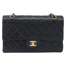 CHANEL Matelasse 25 Double Flap Chain Bag Lamb Skin Black Gold CC Auth 214024SAM-2