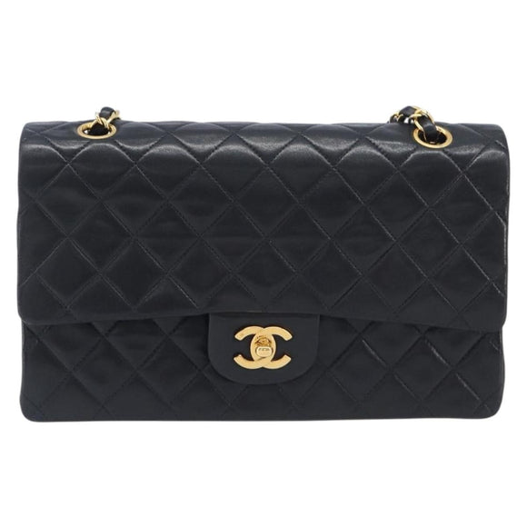 CHANEL Matelasse 25 Double Flap Chain Bag Lamb Skin Black Gold CC Auth 214024SAM