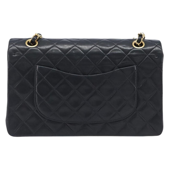 CHANEL Matelasse 25 Double Flap Chain Bag Lamb Skin Black Gold CC Auth 214024SAM