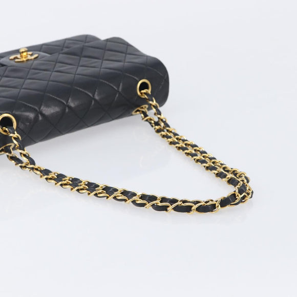 CHANEL Matelasse 25 Double Flap Chain Bag Lamb Skin Black Gold CC Auth 214024SAM