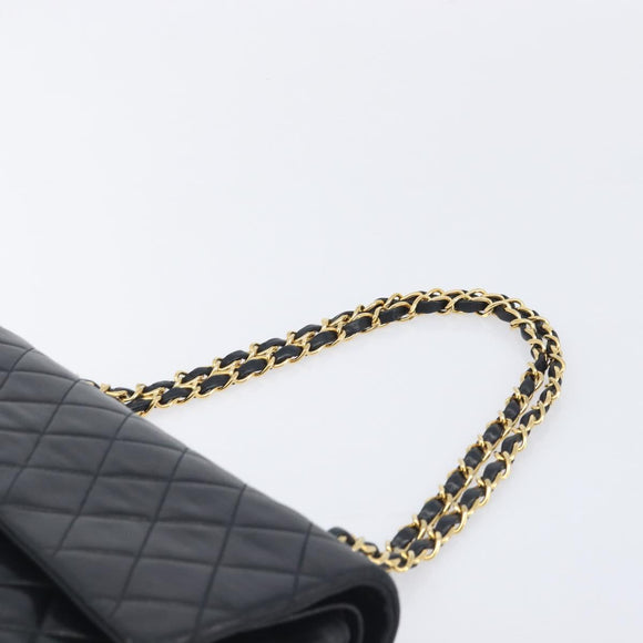 CHANEL Matelasse 25 Double Flap Chain Bag Lamb Skin Black Gold CC Auth 214024SAM