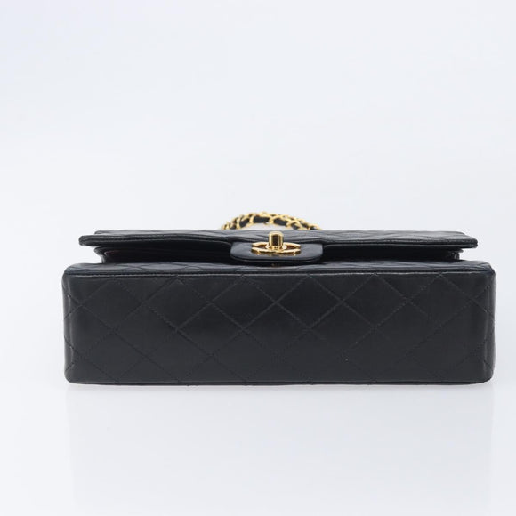 CHANEL Matelasse 25 Double Flap Chain Bag Lamb Skin Black Gold CC Auth 214024SAM