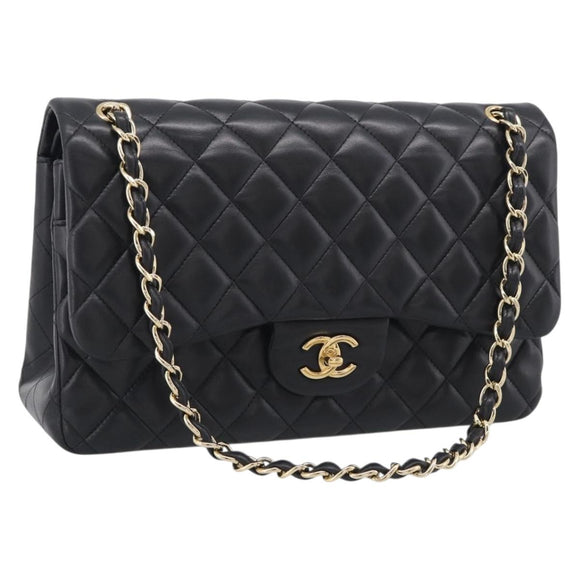 CHANEL Big Matelasse 30 Chain Bag Lamb Skin Black Gold CC Auth 214026SAM