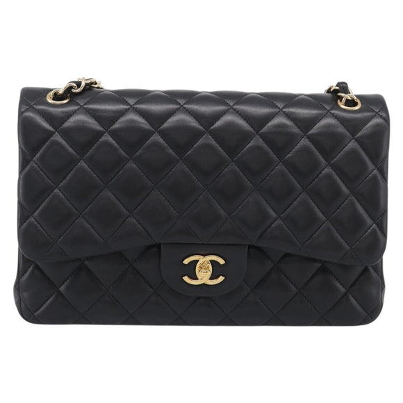 CHANEL Big Matelasse 30 Chain Bag Lamb Skin Black Gold CC Auth 214026SAM