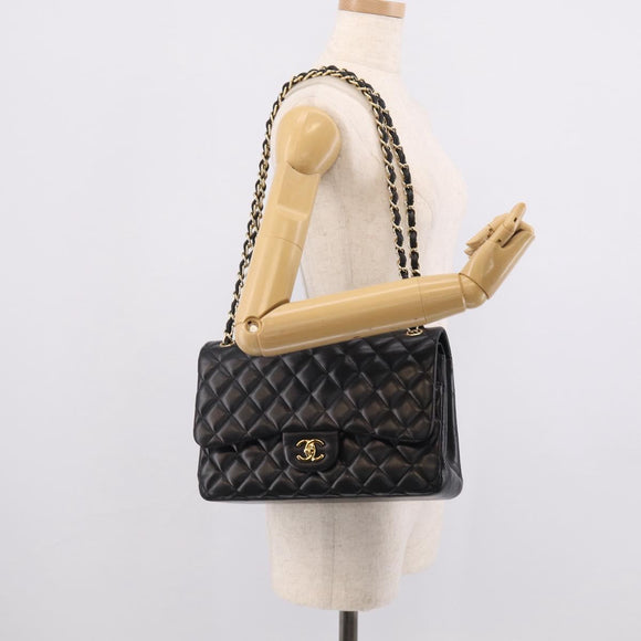 CHANEL Big Matelasse 30 Chain Bag Lamb Skin Black Gold CC Auth 214026SAM