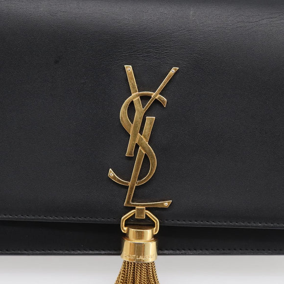 Saint Laurent Kate Chain Wallet Leather Gold Black Auth 214029M