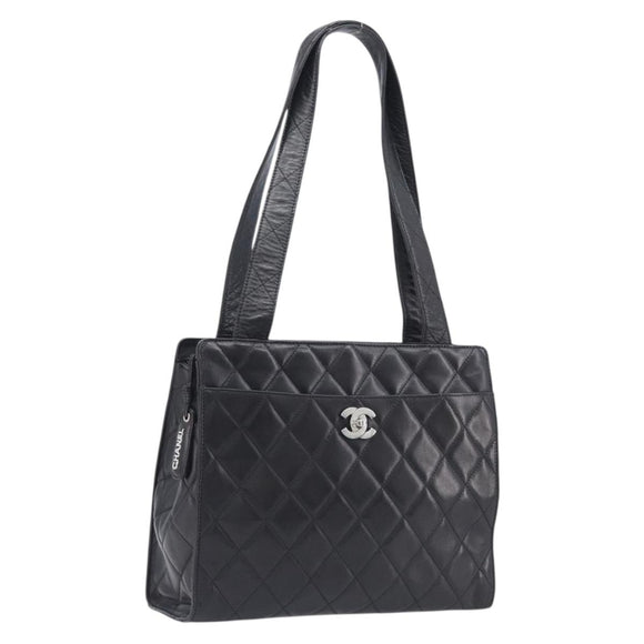 CHANEL Matelasse Tote Bag Lamb Skin Black Silver CC Auth 214030V