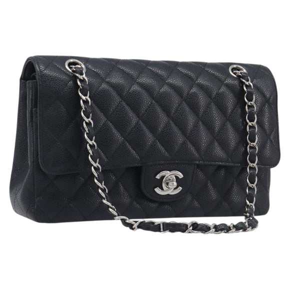 CHANEL Matelasse 25 Chain Bag Caviar Skin Black Silver CC Auth 214045SAM
