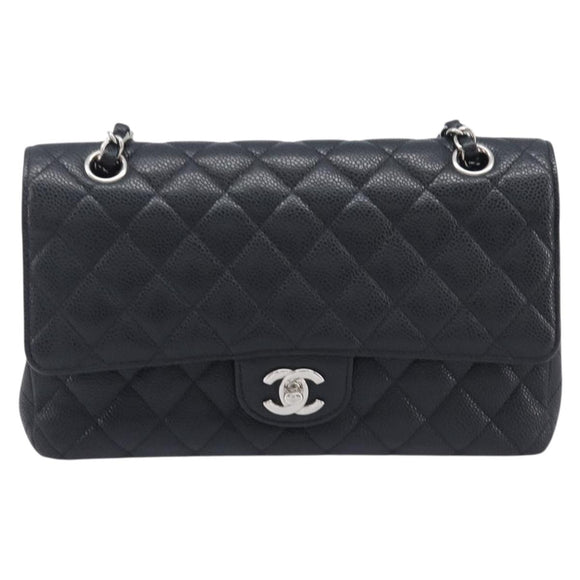 CHANEL Matelasse 25 Chain Bag Caviar Skin Black Silver CC Auth 214045SAM