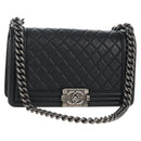 CHANEL Boy Chanel Chain Shoulder Bag Lamb Skin Black Silver CC Auth 214047SAM-1