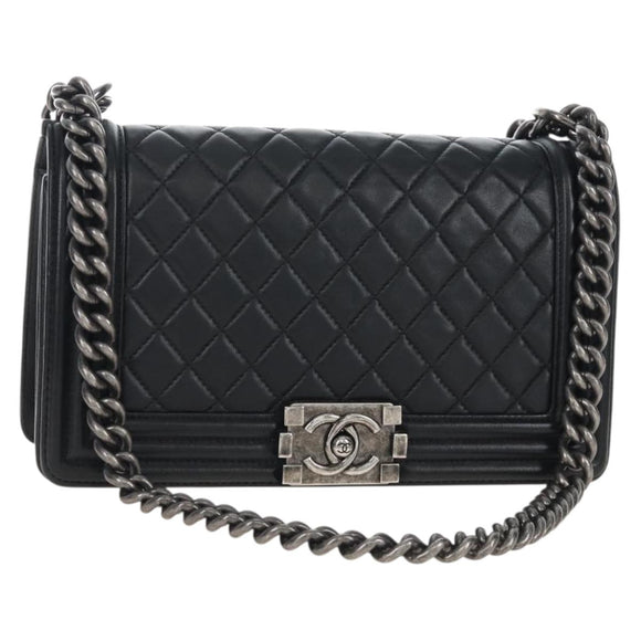 CHANEL Boy Chanel Chain Shoulder Bag Lamb Skin Black Silver CC Auth 214047SAM
