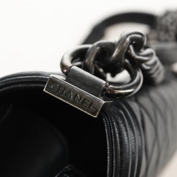 CHANEL Boy Chanel Chain Shoulder Bag Lamb Skin Black Silver CC Auth 214047SAM