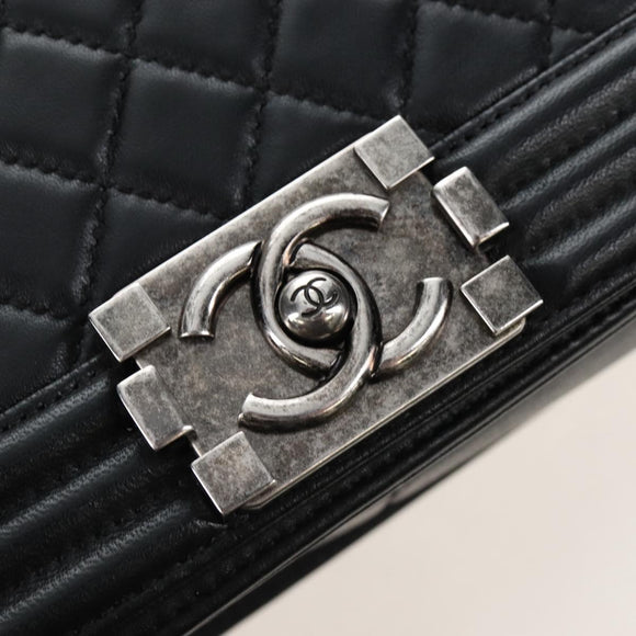CHANEL Boy Chanel Chain Shoulder Bag Lamb Skin Black Silver CC Auth 214047SAM