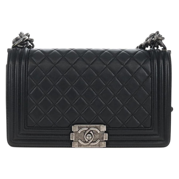 CHANEL Boy Chanel Chain Shoulder Bag Lamb Skin Black Silver CC Auth 214047SAM