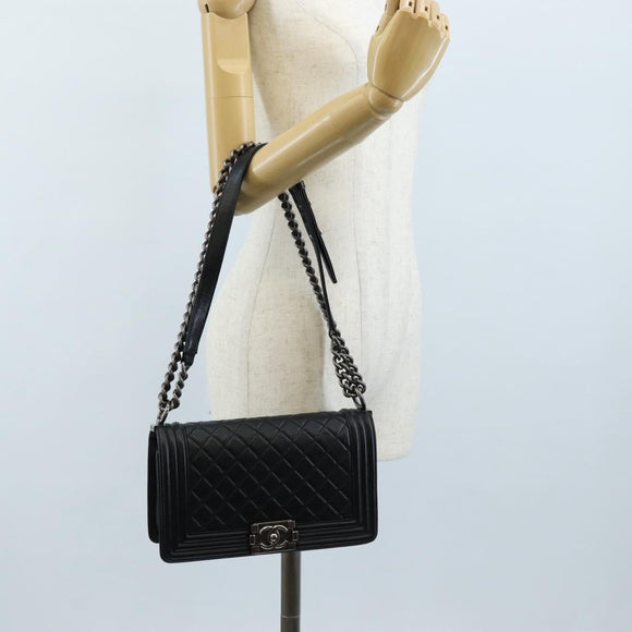 CHANEL Boy Chanel Chain Shoulder Bag Lamb Skin Black Silver CC Auth 214047SAM
