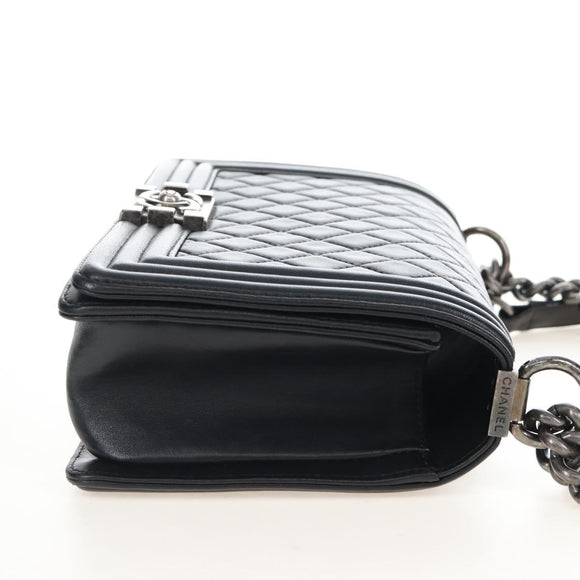 CHANEL Boy Chanel Chain Shoulder Bag Lamb Skin Black Silver CC Auth 214047SAM