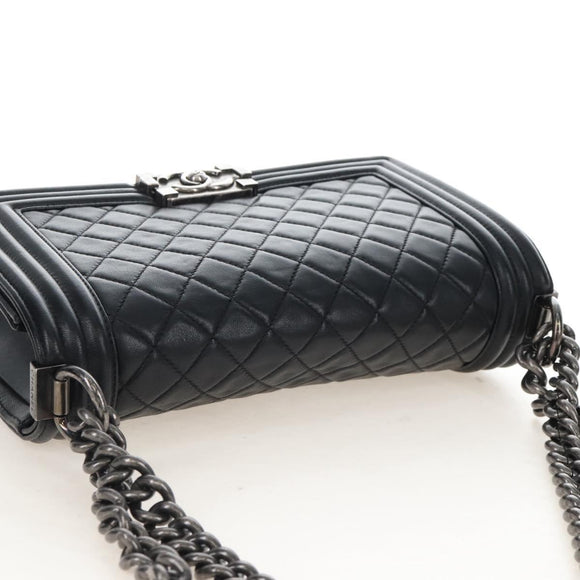 CHANEL Boy Chanel Chain Shoulder Bag Lamb Skin Black Silver CC Auth 214047SAM