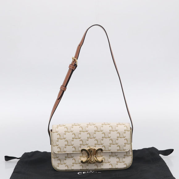 CELINE Triomphe Claude Shoulder Bag Leather White Gold Auth 214052M