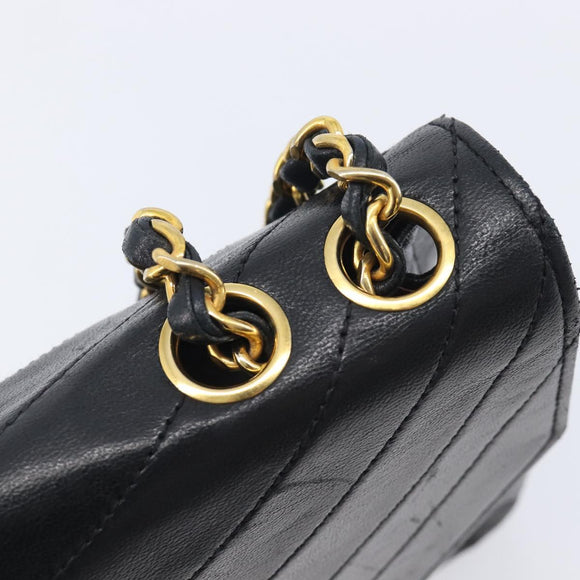 CHANEL Chain Shoulder Bag Lamb Skin Black Gold CC Auth 214056V