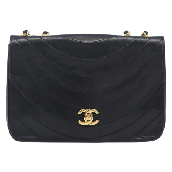 CHANEL Chain Shoulder Bag Lamb Skin Black Gold CC Auth 214056V