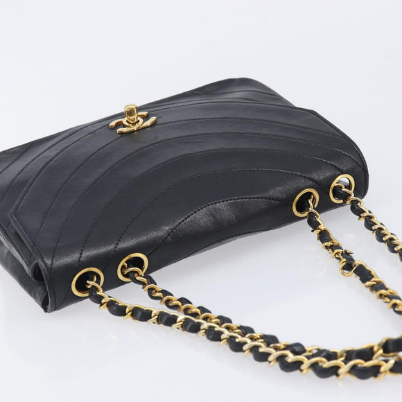 CHANEL Chain Shoulder Bag Lamb Skin Black Gold CC Auth 214056V