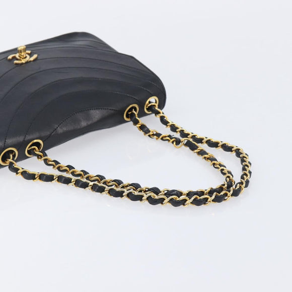 CHANEL Chain Shoulder Bag Lamb Skin Black Gold CC Auth 214056V