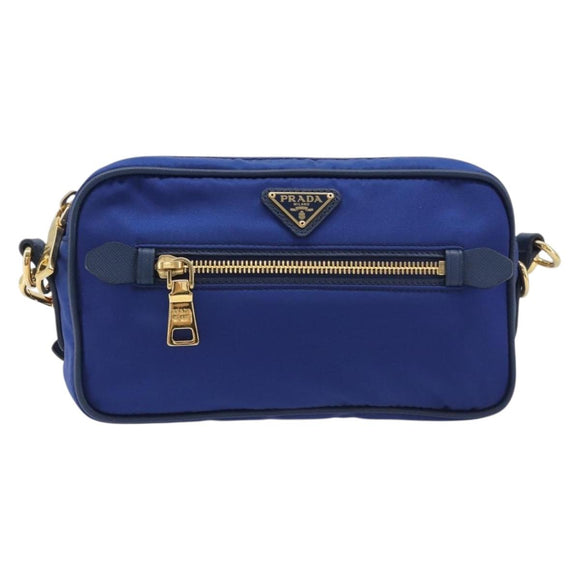 PRADA Shoulder Bag Nylon Blue Gold Auth 214058A