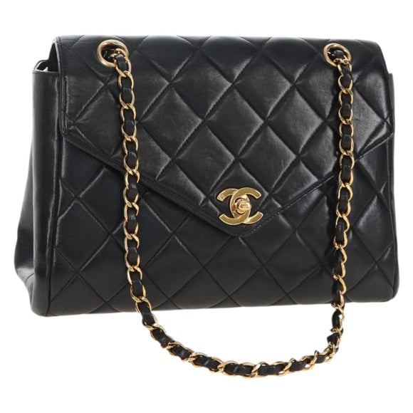 CHANEL Matelasse Chain Shoulder Bag Lamb Skin Black Gold CC Auth 214100SAM