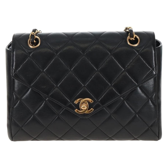 CHANEL Matelasse Chain Shoulder Bag Lamb Skin Black Gold CC Auth 214100SAM