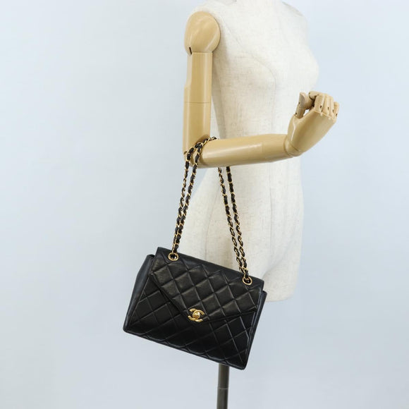 CHANEL Matelasse Chain Shoulder Bag Lamb Skin Black Gold CC Auth 214100SAM