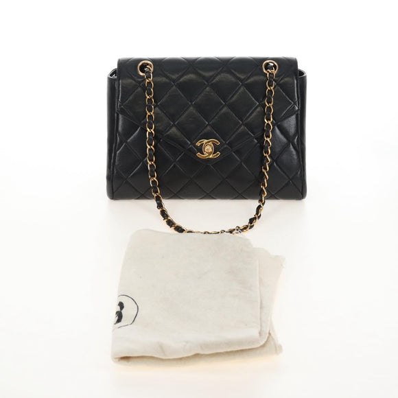 CHANEL Matelasse Chain Shoulder Bag Lamb Skin Black Gold CC Auth 214100SAM