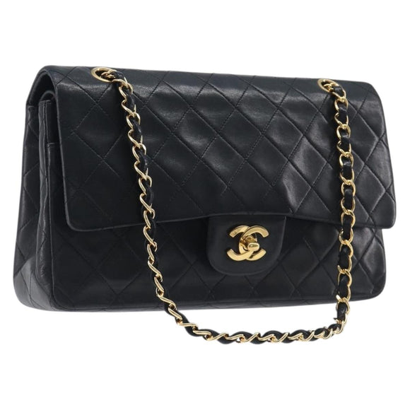 CHANEL Matelasse 25 Double Flap Chain Bag Lamb Skin Black Gold CC Auth 214103SAM