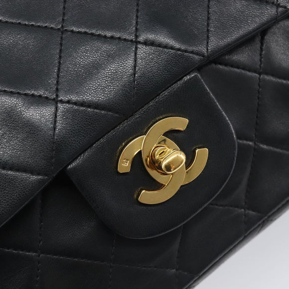 CHANEL Matelasse 25 Double Flap Chain Bag Lamb Skin Black Gold CC Auth 214103SAM