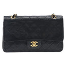 CHANEL Matelasse 25 Double Flap Chain Bag Lamb Skin Black Gold CC Auth 214103SAM-2