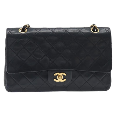 CHANEL Matelasse 25 Double Flap Chain Bag Lamb Skin Black Gold CC Auth 214103SAM - 0