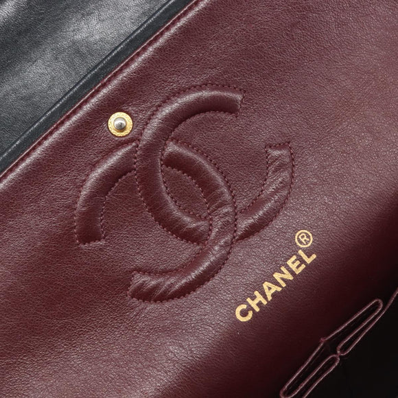 CHANEL Matelasse 25 Double Flap Chain Bag Lamb Skin Black Gold CC Auth 214103SAM
