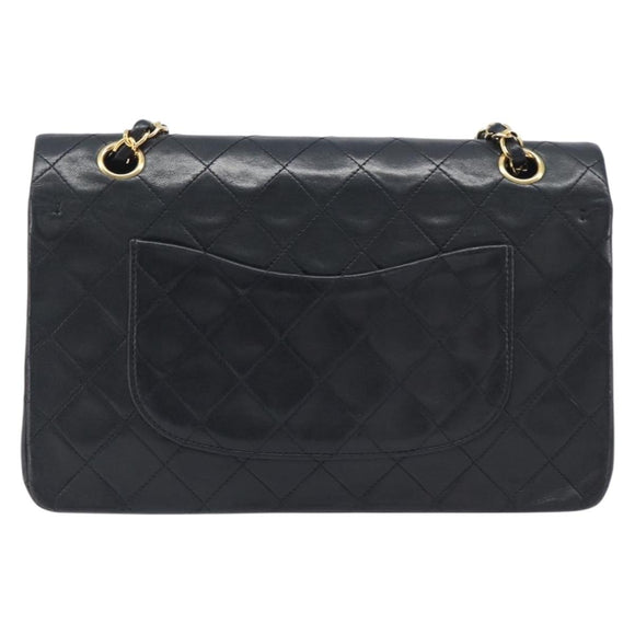 CHANEL Matelasse 25 Double Flap Chain Bag Lamb Skin Black Gold CC Auth 214103SAM