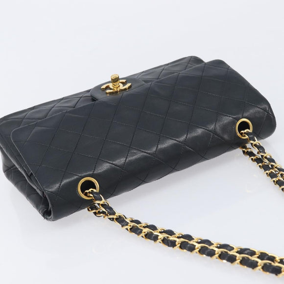 CHANEL Matelasse 25 Double Flap Chain Bag Lamb Skin Black Gold CC Auth 214103SAM