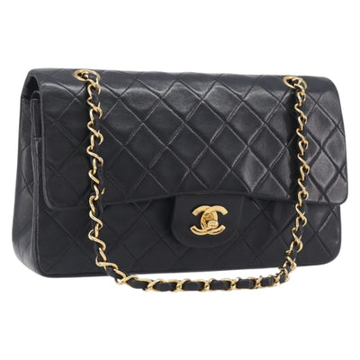 CHANEL Matelasse 25 Double Flap Chain Bag Lamb Skin Black Gold CC Auth 214104SAM