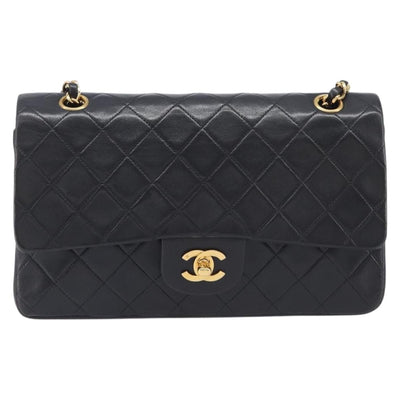 CHANEL Matelasse 25 Double Flap Chain Bag Lamb Skin Black Gold CC Auth 214104SAM - 0