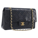 CHANEL Matelasse 25 Double Flap Chain Bag Lamb Skin Black Gold CC Auth 214105SAM-1