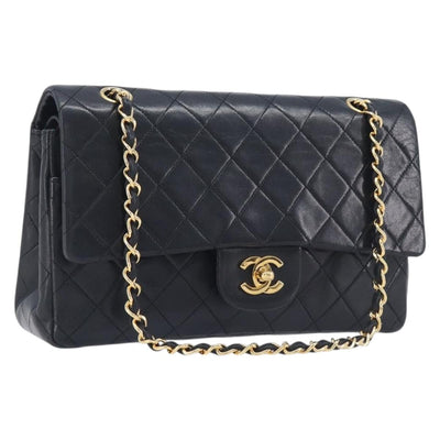 CHANEL Matelasse 25 Double Flap Chain Bag Lamb Skin Black Gold CC Auth 214105SAM