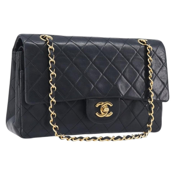 CHANEL Matelasse 25 Double Flap Chain Bag Lamb Skin Black Gold CC Auth 214105SAM