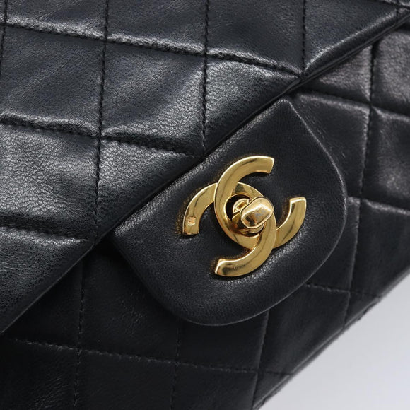 CHANEL Matelasse 25 Double Flap Chain Bag Lamb Skin Black Gold CC Auth 214105SAM