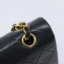 CHANEL Matelasse 25 Double Flap Chain Bag Lamb Skin Black Gold CC Auth 214105SAM-15