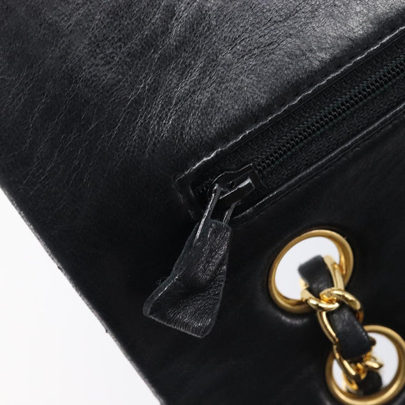 CHANEL Matelasse 25 Double Flap Chain Bag Lamb Skin Black Gold CC Auth 214105SAM