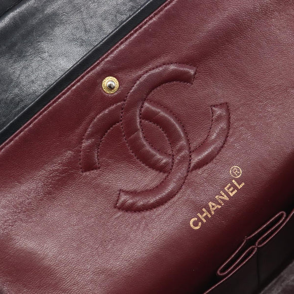 CHANEL Matelasse 25 Double Flap Chain Bag Lamb Skin Black Gold CC Auth 214105SAM