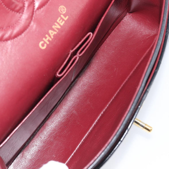 CHANEL Matelasse 25 Double Flap Chain Bag Lamb Skin Black Gold CC Auth 214105SAM