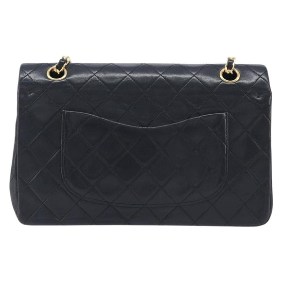 CHANEL Matelasse 25 Double Flap Chain Bag Lamb Skin Black Gold CC Auth 214105SAM